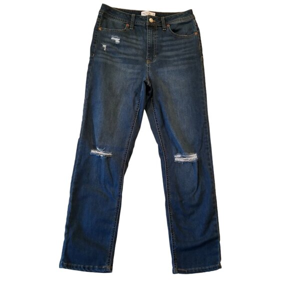 Vanilla Star Dark Wash Jeans Sz 7 Distressed w28 Straight Leg Faux Button Pocket - Picture 1 of 12